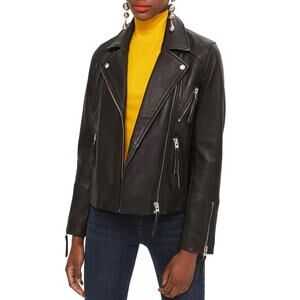 Topshop Black Dolly Real Leather Biker Jacket Motorcycle Moto Zip Up Size 6 S